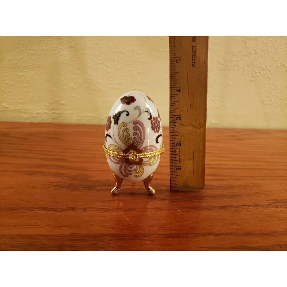 Vintage Footed Trinket Egg Box Floral Flower Porcelain Victorian Style Gold Trim